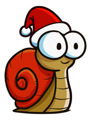 Funny and cute snail with big eyes smiling, and wearing Santa's hat for christmas - vector