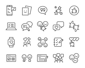 set of feedback line icons, such as, question, review, test, app, emoji, survey
