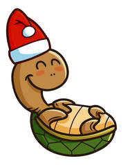Cute and funny turtle smling and lie down wearing Santa's hat for christmas - vector