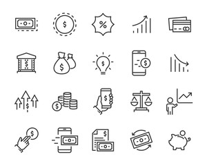 set of money icons, such as exchange, stock, payment, credit, account
