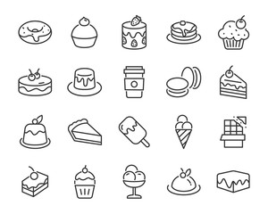 set of sweet icons, such as, coffee, cake, dessert, chocolate, pudding, pancake, bakery