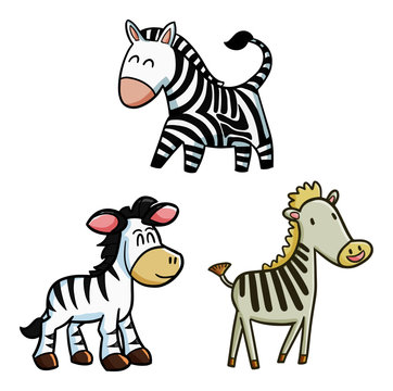 Funny and cute smiling zebra horse set - vector.