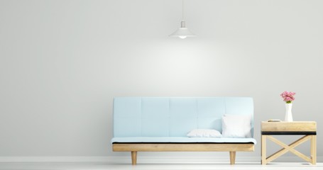 Empty living room with white wall and light blue sofa, Pink Roses In White Vase, Minimal Rustic,3D Rendering