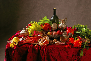 Still life in the spirit of the old Dutch. Bottle of wine, lemon, grapes, crayfish and seashells on...