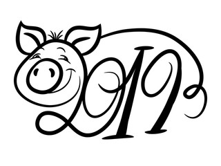 Pig, symbol of the new year, 2019. outline drawing, black on a white background.