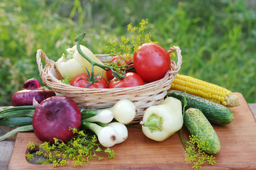 A variety of delicious vegetables on the kitchen board. Copy space. 