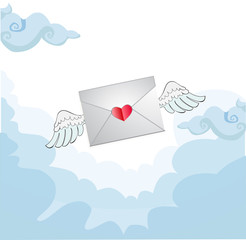 Flying love letter with white angel wings in the blue sky.