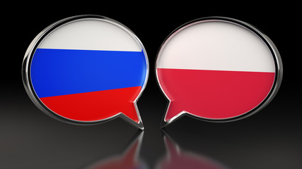 Russia and Poland flags with Speech Bubbles. 3D illustration