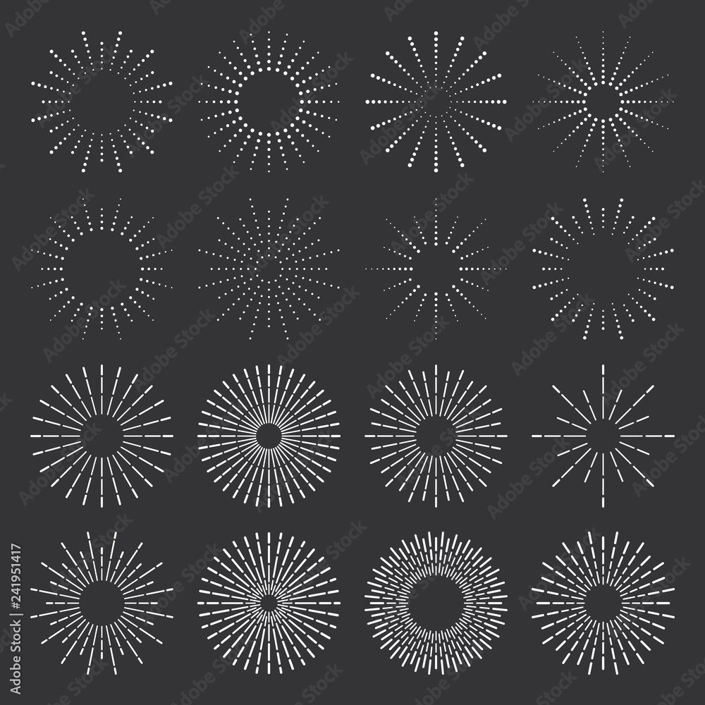 Wall mural Vintage sunburst. Simple star burst label, retro chalk hands drawn sunbursts frames and firework sparks rays isolated vector set