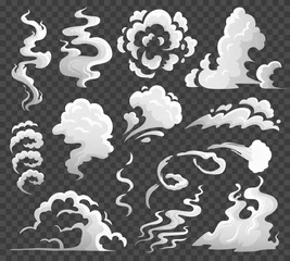 Poster Smoke clouds. Comic steam cloud, fume eddy and vapor flow. Dust clouds isolated cartoon vector illustration © Tartila