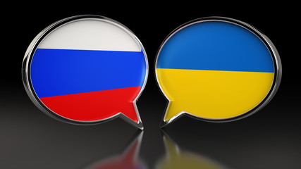 Russia and Ukraine flags with Speech Bubbles. 3D illustration