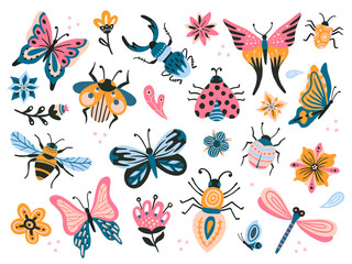 Cute bugs. Child drawing insects, flying butterflies and baby ladybird. Flower butterfly, fly insect and beetle flat vector set - obrazy, fototapety, plakaty