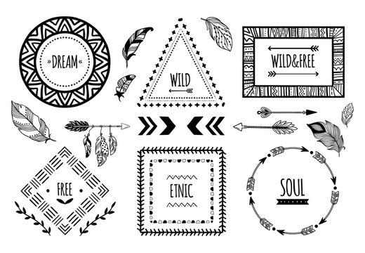 Tribal frames. American indian ethnic frame, bohemian aztec tattoo or tribals fashion border isolated vector illustration