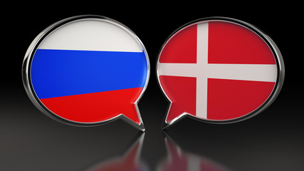 Russia and Denmark flags with Speech Bubbles. 3D illustration