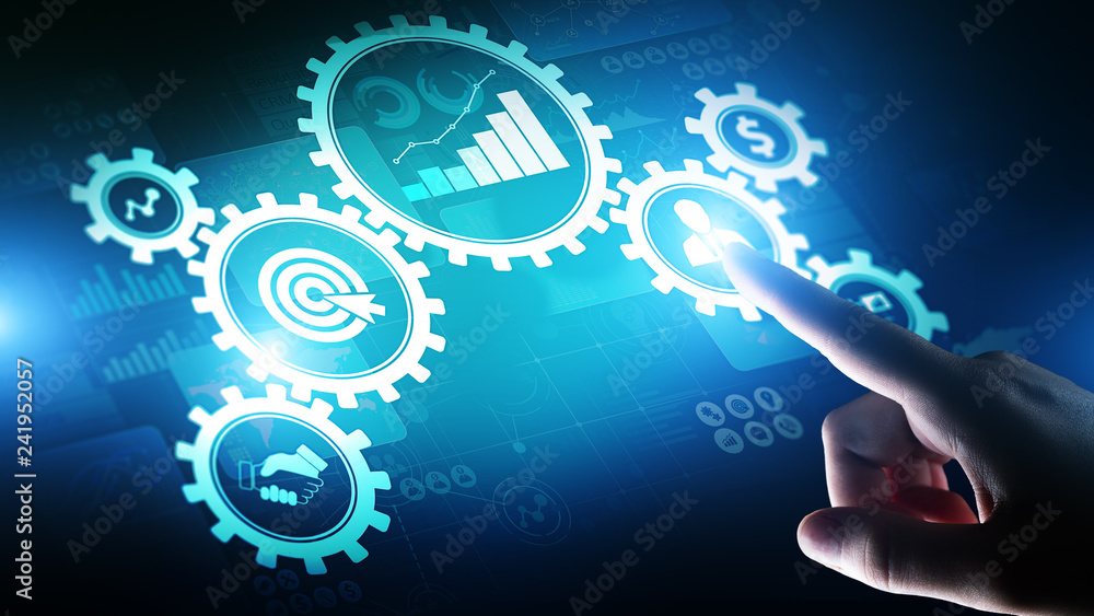 Poster business process management, automation workflow, document validation, connected gear cogs with icon