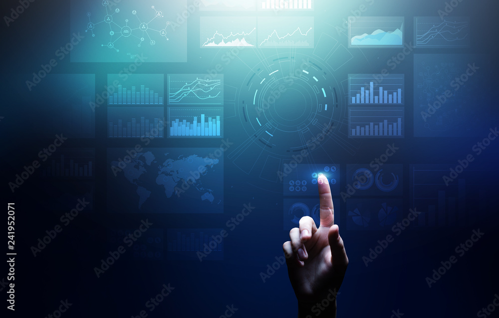 Poster virtual screen business intelligence dashboard, analytics and big data technology concept.