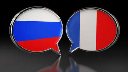 Obraz premium Russia and France flags with Speech Bubbles. 3D illustration