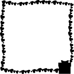 monochrome vintage photo frame made of hearts with gift box silhouette in corner.