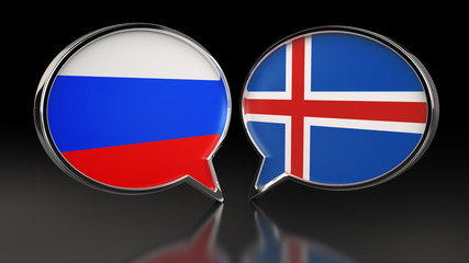 Russia and Iceland flags with Speech Bubbles. 3D illustration