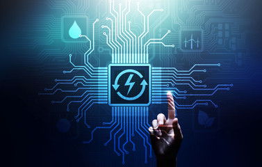 Renewable energy, solar, geothermal, sustainable Sources Ecology concept on virtual screen.