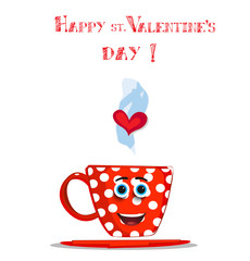  valentine's day card with cute smiling red cartoon cup