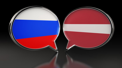 Fototapeta premium Russia and Latvia flags with Speech Bubbles. 3D illustration