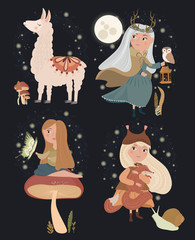Vector illustrations with girl and forest plant and alpaca. Cartoon poster for children's holidays, design and illustrations for books. Editable vector illustration