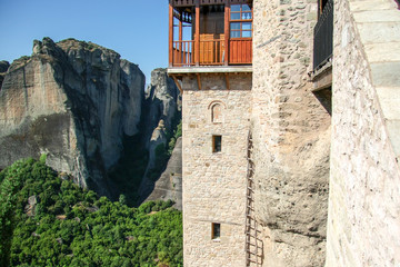 Entrance to the monastery Rousanou for monks on the rope ladder. Meteora, Greece.
