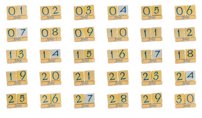 calendar june. full month day after day. all dates of the month in order. Handmade wooden cube...