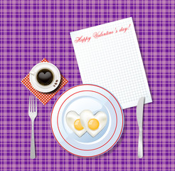 Love breakfast idea. Heart shaped omelette and coffee.