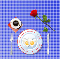 Love breakfast. Heart shaped fried eggs with red rose.