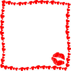 Red vintage hearts frame with kiss mark silhouette in corner on white