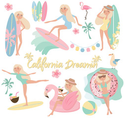 Summer set with surf, flamingo, girls in pastel color. Editable vector illustration