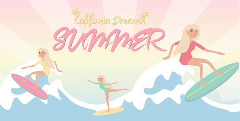 Summer poster with relaxing girl on the beach in pastel color. Editable vector illustration