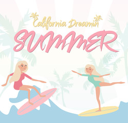 Summer poster with relaxing girl on the beach in pastel color. Editable vector illustration