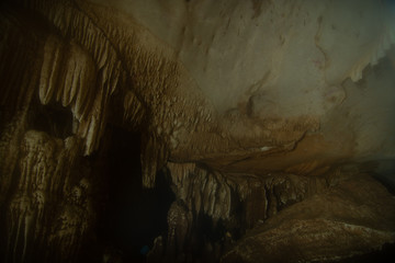 Stalactite rock formations in Lawa Cave. Kanchanaburi province, Thailand.