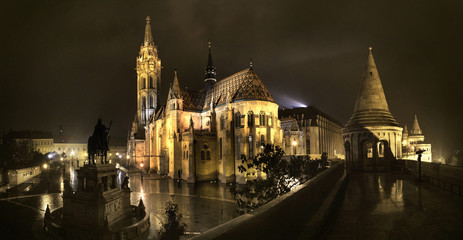 Night panoramic view of the Matthias Temple in Budapest, Hungary 