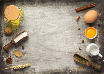 bakery and bread ingredients on wood