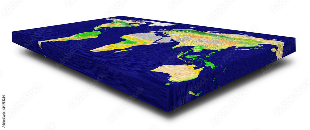 Poster representation of a rectangular flat earth model on white background with shadow. angle view with pe
