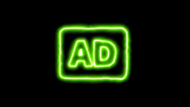 The appearance of the green neon symbol audio description. Flicker, In - Out. Alpha channel Premultiplied - Matted with color black