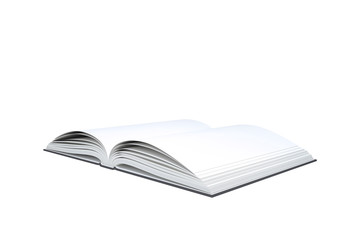 Open blank book on white background.