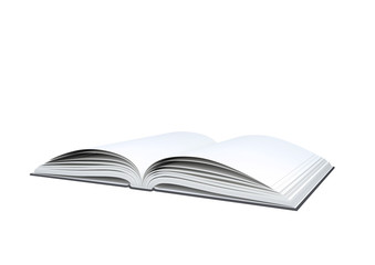 Open blank book on white background.
