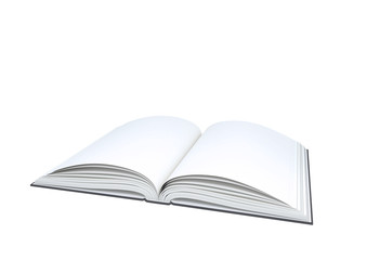 Open blank book on white background.