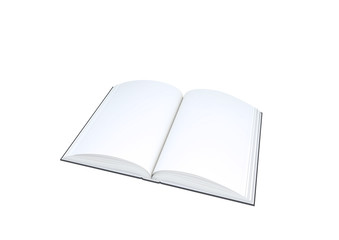 Open blank book on white background.