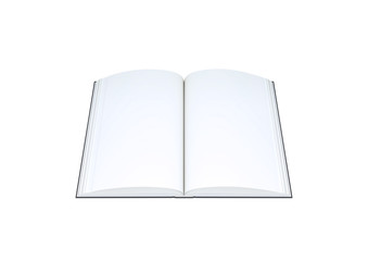 Open blank book on white background.