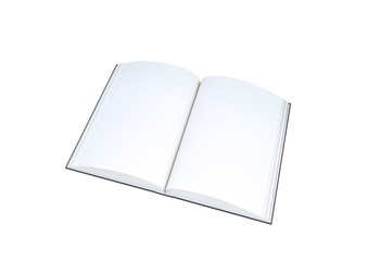 Open blank book on white background.