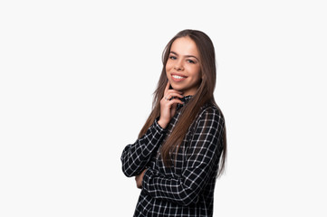 Photo of pretty woman, in tshirty standing over white background