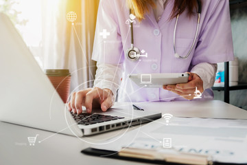 Medicine doctor hand working with modern digital tablet computer interface as medical network...