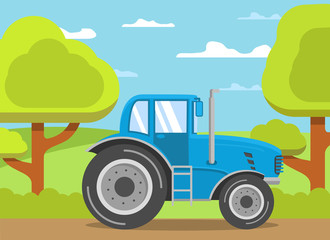 Fototapeta premium Tractor farmer.Rural landscape.Trees hills.Rural scene. Flat vector.