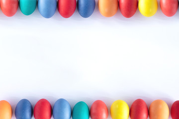 Top view and flat lay of pastel Colorful Easter egg frame isolated on white background, Happy...